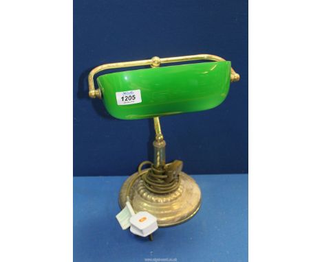 A British Home Stores Bankers table Lamp with green glass shade, 13 1/2" tall.