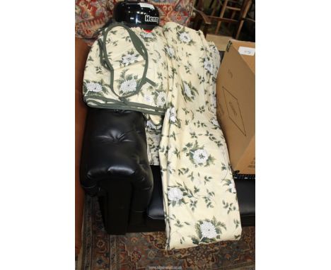 2 pairs of Chintz Laura Ashley curtains (both approx 7' drop x 43" wide) with green piped edge, 2 pairs of matching tie backs