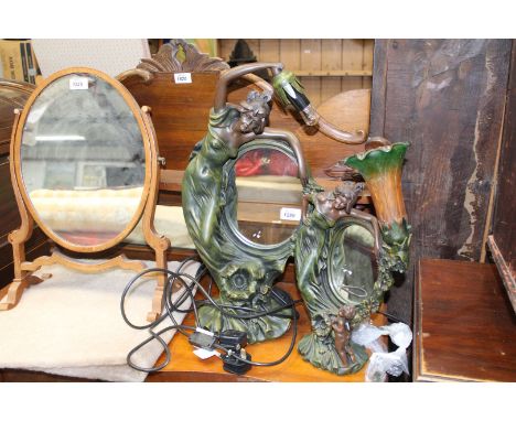 Two Art Nouveau style mirrored Lamps, one with orange and green glass shade, the larger lamp glass shade a/f.