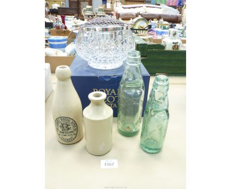 A Royal Scot Crystal Rose Bowl, 8" diameter, boxed., two green glass Codd bottles; Lewis & Jones & Crockett's Ltd, Worcester.