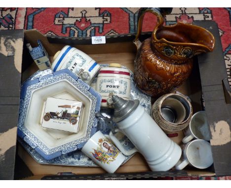 A quantity of china including JWP Lucerne blue and white platter, Woods treacle glaze jug, two Wade barrels for gin and port,