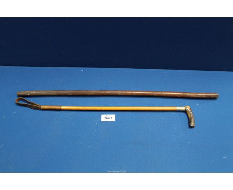 A leather covered cosh cane/swagger Stick and a horn handled riding Crop.