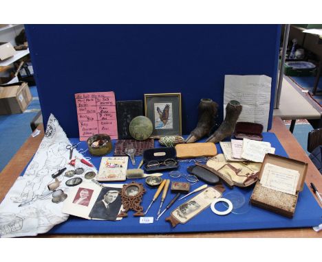 A quantity of miscellanea including ration books, pocket compass, unmarked metal framed glasses, one marked 1/10 12ct pince n