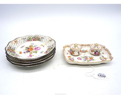 A Meissen china inkwell tray and pots together with four Schumann lattice plates (two as found)
