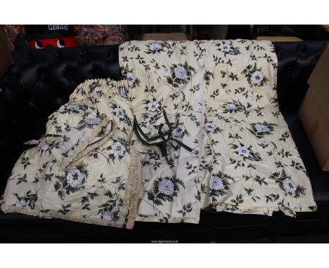 2 pairs of short chintz Laura Ashley curtains, one having a beige gathered edge with matching pelmet both with matching tie b