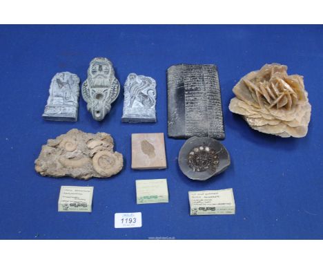 Four fossils including cut & polished Ammonite, four tourist pieces of Egyptian art including a copy of the first prescriptio