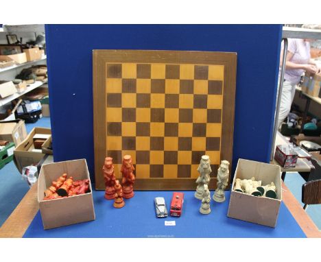 A large Chess set and pieces  and two Dinky \Toy vehicles including Fire Engine and Rolls Royce Silver Phantom.