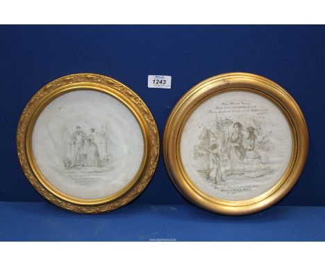 A framed circular, gilt framed pen and ink drawing of a couple standing in front of a fireplace, dated 1869, 9 3/4'' diameter