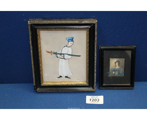 A miniature watercolour of a lady in a blue dress and black necklace, plus a painting on rice paper of an oriental soldier wi