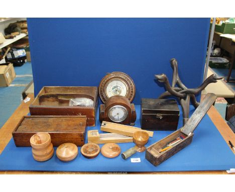 A quantity of treen including pencil cases, cutlery box, barometer by J.H. Evans, Hay, clock etc.