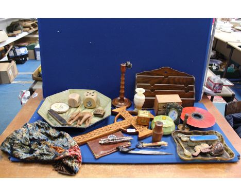 A quantity of miscellanea to include; Oak desk letter rack, Celtic cross, lamp base, boxes, Oynx vase, shells, enamel item, e