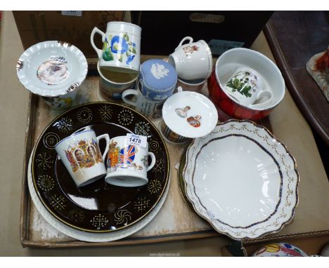 A box of china to include Wedgwood "Tunstall" scalloped and gilt edged dish, 9 3/4" diameter. Portmeirion"Totem" plate, Botan
