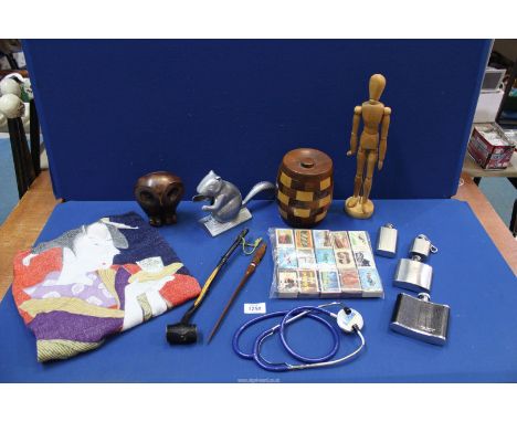 A quantity of miscellanea including wooden owl money box with glass eyes, Shillelagh, tea caddy, matchboxes, squirrel nutcrac