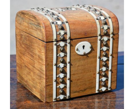 A Georgian Tea caddy, decorated with ivory bands and diamond pattern with metal studs, 6" x 6" x 5 1/2".  Please note, this L