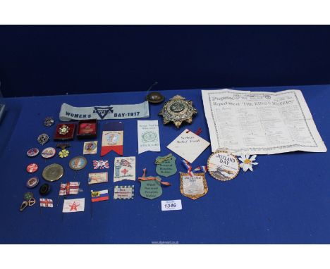 A quantity of Badges and pins, etc. including paper and silk day badges for R.N.L.I., Primrose League enamel badge in case an