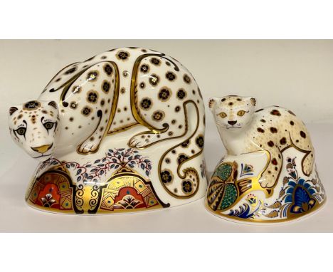 A Royal Crown Derby paperweight, Snow Leopard, designed by John Ablitt, gold stopper, 17cm long, printed mark in red, signed 