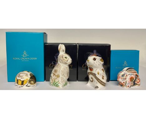 A Royal Crown Derby paperweight, Bloor Bunny, Collector's Guild exclusive, gold stopper, 7cm long, printed mark in grey, 2021