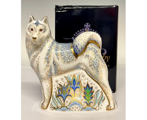A Royal Crown Derby paperweight, Husky, gold stopper, 16cm high, boxed
