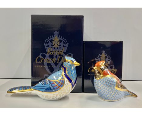 A Royal Crown Derby paperweight, Blue Jay, gold stopper, 16cm long, printed mark in red, boxed; another, Waxwing, gold stoppe