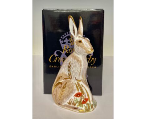 A Royal Crown Derby paperweight, Midsummer Hare, gold stopper, 17cm, printed mark in red, boxed