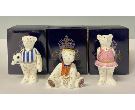 A Royal Crown Derby miniature bear, Ballerina Bear in Pink Tutu, 9cm, printed mark in red, boxed; others, Graduate, 7cm, prin