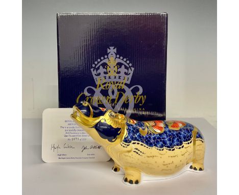 A Royal Crown Derby paperweight, Hippopotamus, specially commissioned gold backstamp edition, 1,078/2,500, gold stopper, 20cm