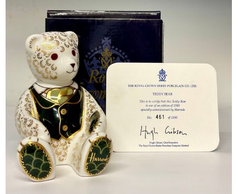 A Royal Crown Derby paperweight, Harrods Teddy Bear, specially commissioned, limited edition 461/1,500, gold stopper, 11.5cm,