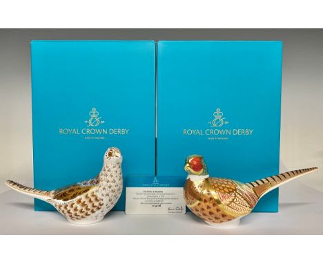 A pair of Royal Crown Derby paperweights, The Brace of Pheasants, exclusive to Goviers of Sidmouth, gold backstamp limited ed