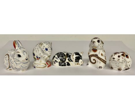 A Royal Crown Derby paperweight, member's pack piece, Misty Kitten, gold stopper, printed mark in red; others similar, member