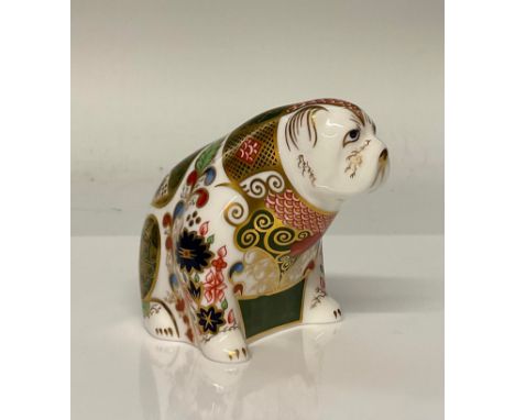 A Royal Crown Derby paperweight, Harrods style Bulldog, decorated in the Imari 1128 pattern, silver stopper,  8cm high, secon