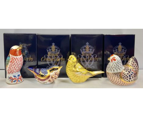 A Royal Crown Derby paperweight, Canary, gold stopper, 7.5cm, printed mark in red, boxed; others, Chicken, gold stopper, 7.5c