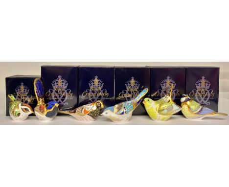 A Royal Crown Derby paperweight, Mountain Bluebird, gold stopper, 7.5cm, printed mark in red, boxed; others, Firecrest, gold 