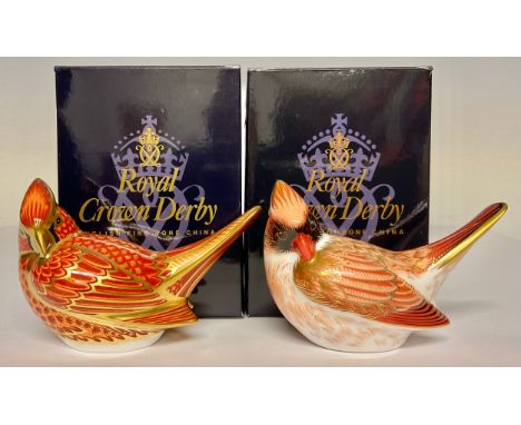 A pair of Royal Crown Derby paperweight, American Red Cardinal, gold stopper, 7.5cm high, printed mark in red, boxed; Female 
