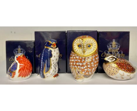 A Royal Crown Derby paperweight, Barn Owl, gold stopper, 11.5cm, printed mark in red, boxed; others, Rockhopper Penguin, gold