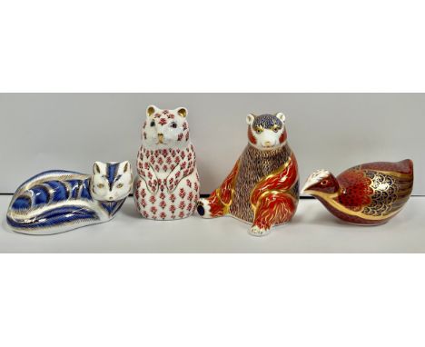 A Royal Crown Derby paperweight, Honey Bear, silver stopper, 10cm; others, Coot, silver stopper, 14cm long; Fox, silver stopp