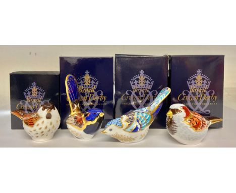 A Royal Crown Derby paperweight, House Sparrow, gold stopper, 6.5cm high, printed mark in red, boxed; others, Fairy Wren, gol