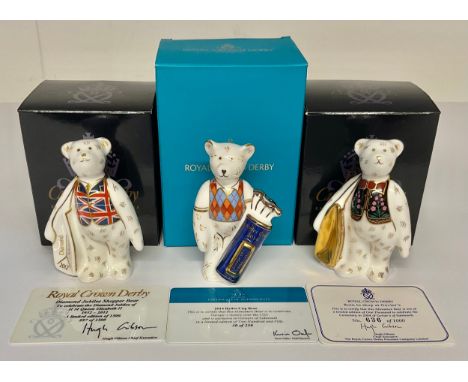 A Royal Crown Derby miniature Teddy Bear model, Born To Shop at Goviers, to celebrate their 2004 centenary, limited edition 6