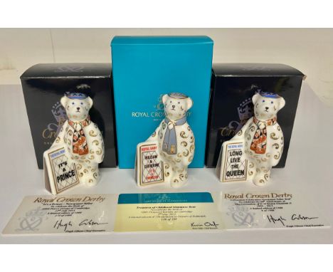 A Royal Crown Derby miniature Teddy Bear model, It's a Prince - Newspaper Seller, to celebrate the birth of HRH Prince George