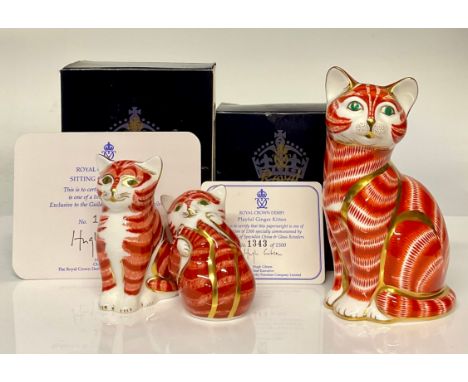 An associated family of Royal Crown Derby paperweights, Ginger Tomcat, gold stopper, 13cm, printed mark in red; Sitting Ginge