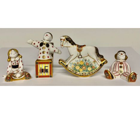 A Royal Crown Derby Treasures of Childhood model, Jack in the Box, 10cm, printed mark in red; others, Rocking Horse, Fleur, S