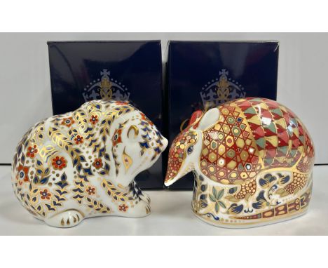 A Royal Crown Derby paperweight, Armadillo, gold stopper, 8.5cm, printed mark in red, boxed; another, Russian Bear, gold stop