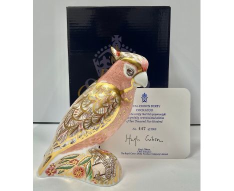A Royal Crown Derby paperweight, Cockatoo, specially commissioned, limited edition 447/2,500, gold stopper, 13.5cm, printed m