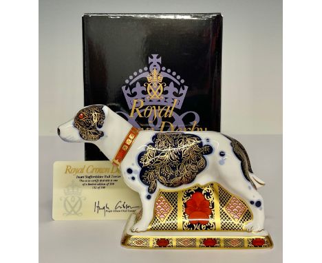 A Royal Crown Derby paperweight, Imari Staffordshire Bull Terrier, decorated in the 1128 pattern, limited edition 152/500, go