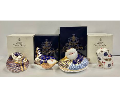 A Royal Crown Derby paperweight, Duck, gold stopper, 12cm long, printed mark, boxed; others, Imari Dormouse, gold stopper, 5c