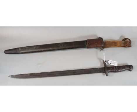 WWI period American Enfield type bayonet with metal scabbard and leather frog.  Dated 1913.   (B.P. 21% + VAT) 