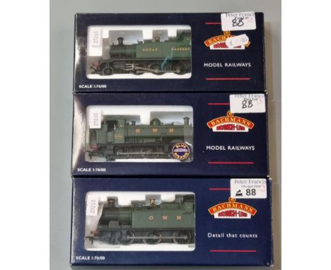 Three Bachmann Branch-Line 1:76 scale model locomotives, all in original boxes to include: Tank 6600 GWR Green, 4575 Prairie 