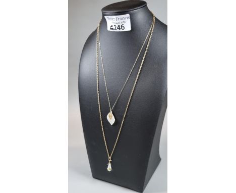 Two 9ct gold fine link chains with mother of pearl leaf design pendant and another glass pendant.  4.2g approx.  (B.P. 21% + 