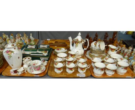 Three trays of mostly Royal Albert 'Old Country Roses' design items to include: twenty one piece coffee set with coffee pot, 