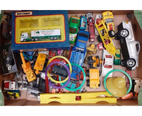 Two trays of mainly play worn diecast and other model vehicles to include: Dinky Toys tanks and other military armoured vehic