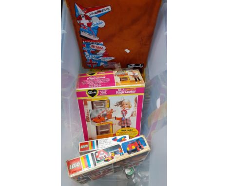 Box of toys to include: Lego 3 Basic Set in original box, Sindy's Electric Magic Cooker in original box, Sindy suitcase, the 